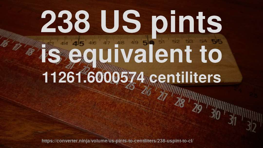 238 US pints is equivalent to 11261.6000574 centiliters