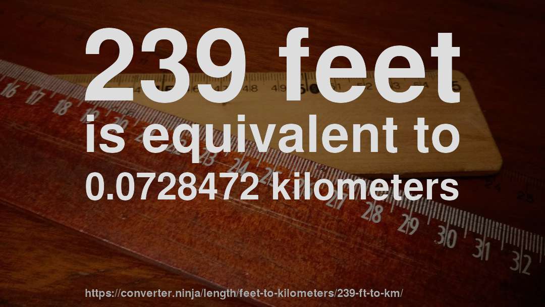 239 feet is equivalent to 0.0728472 kilometers