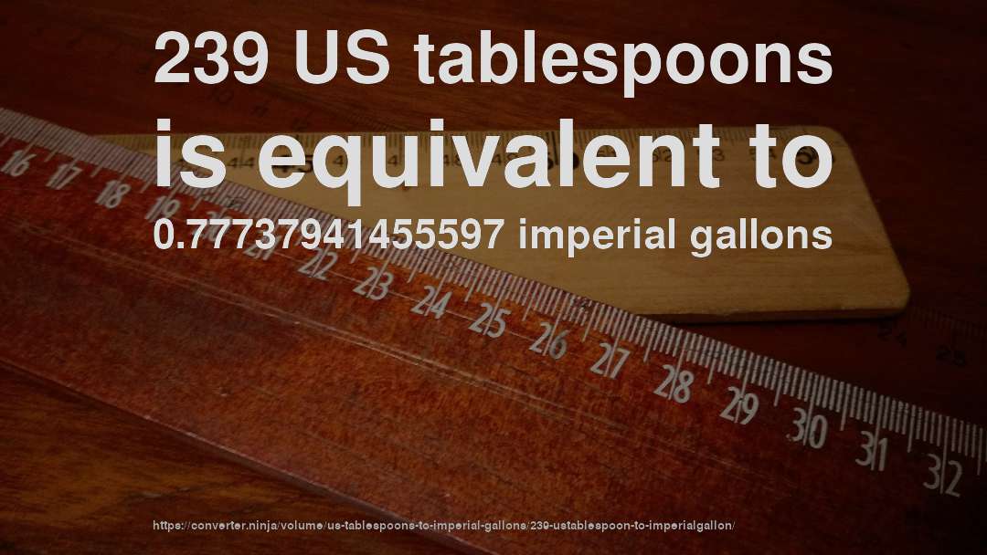 239 US tablespoons is equivalent to 0.77737941455597 imperial gallons