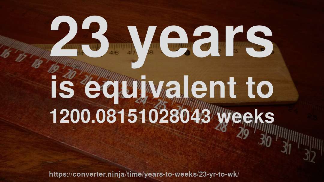 23 years is equivalent to 1200.08151028043 weeks