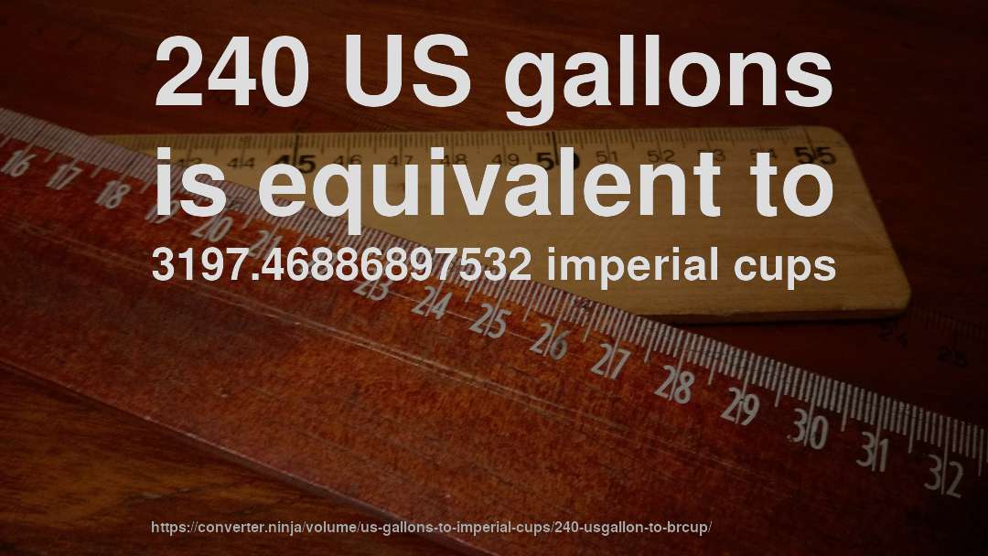 240 US gallons is equivalent to 3197.46886897532 imperial cups