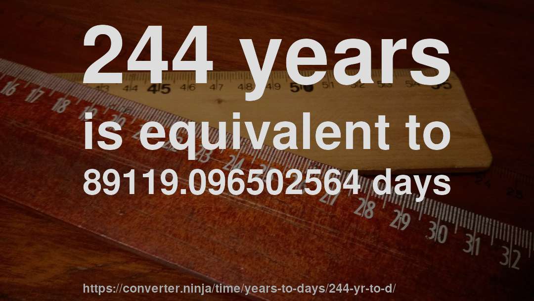 244 years is equivalent to 89119.096502564 days