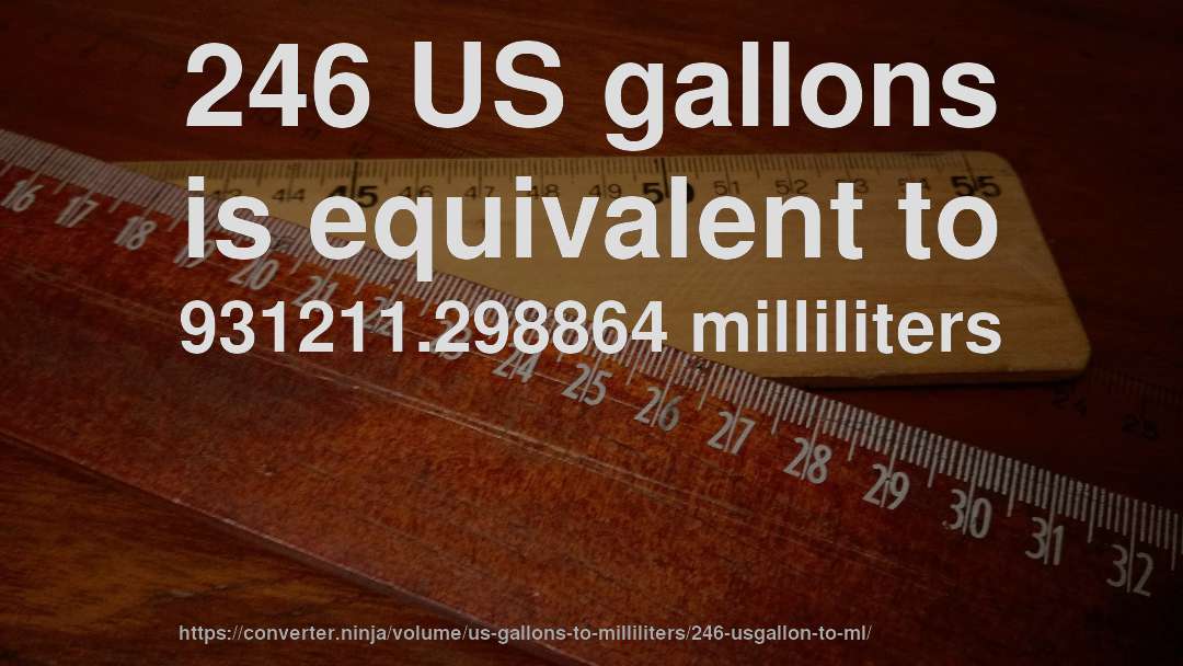246 US gallons is equivalent to 931211.298864 milliliters
