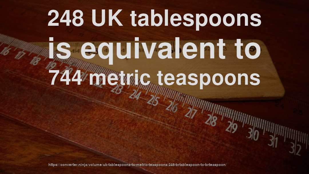 248 UK tablespoons is equivalent to 744 metric teaspoons