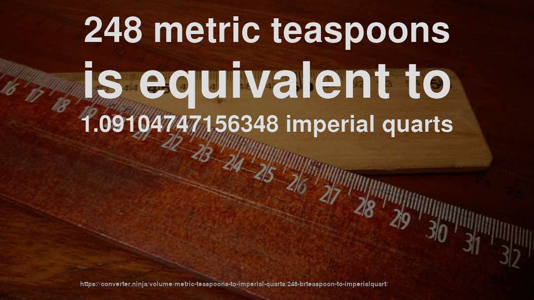 248 metric teaspoons is equivalent to 1.09104747156348 imperial quarts