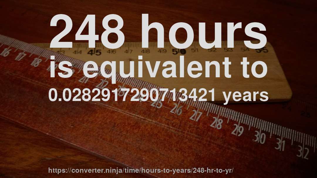 248 hours is equivalent to 0.0282917290713421 years