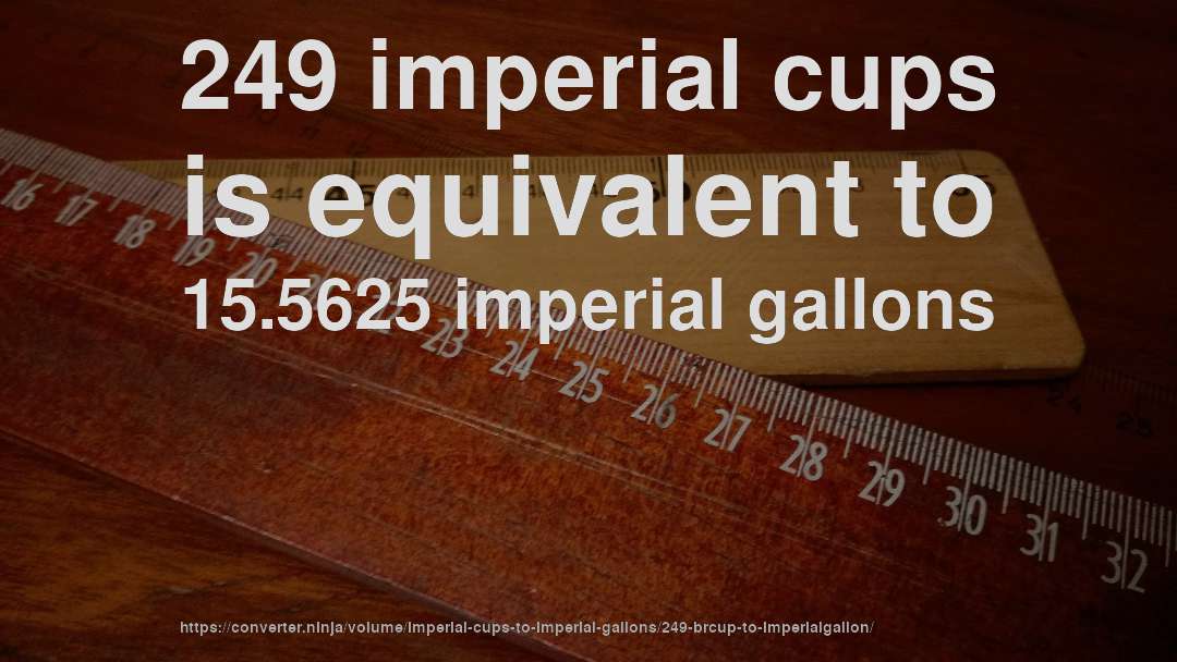 249 imperial cups is equivalent to 15.5625 imperial gallons