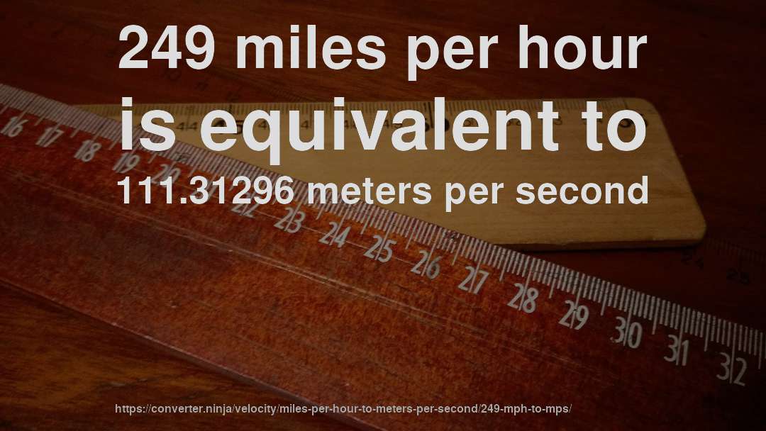249 miles per hour is equivalent to 111.31296 meters per second
