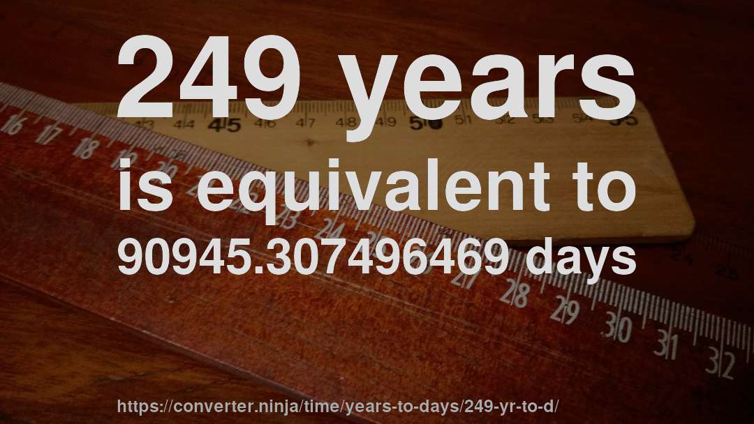 249 years is equivalent to 90945.307496469 days