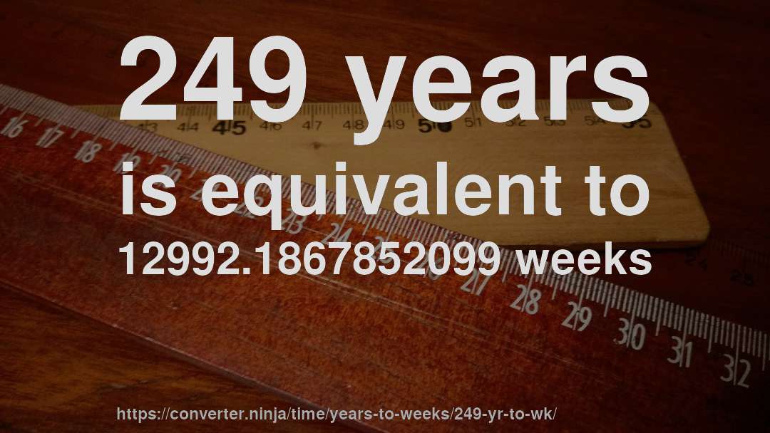 249 years is equivalent to 12992.1867852099 weeks