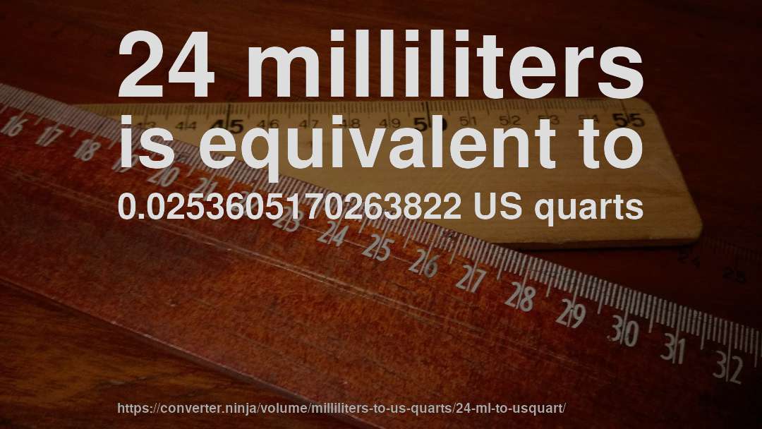 24 milliliters is equivalent to 0.0253605170263822 US quarts