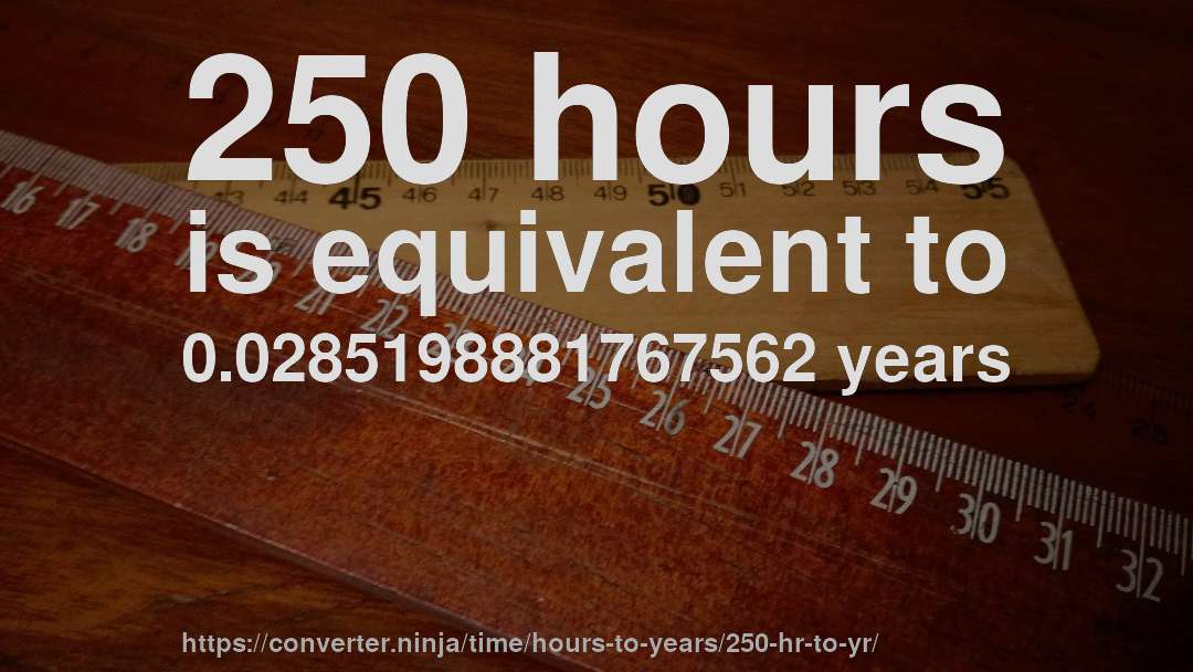 250 hours is equivalent to 0.0285198881767562 years