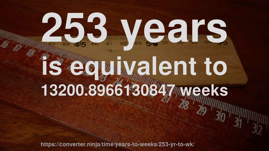 253 years is equivalent to 13200.8966130847 weeks