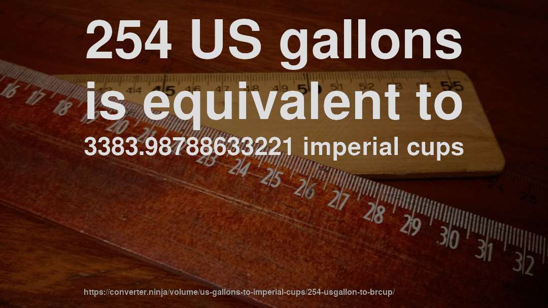 254 US gallons is equivalent to 3383.98788633221 imperial cups