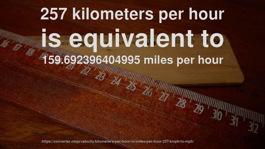 257 kilometers per hour is equivalent to 159.692396404995 miles per hour