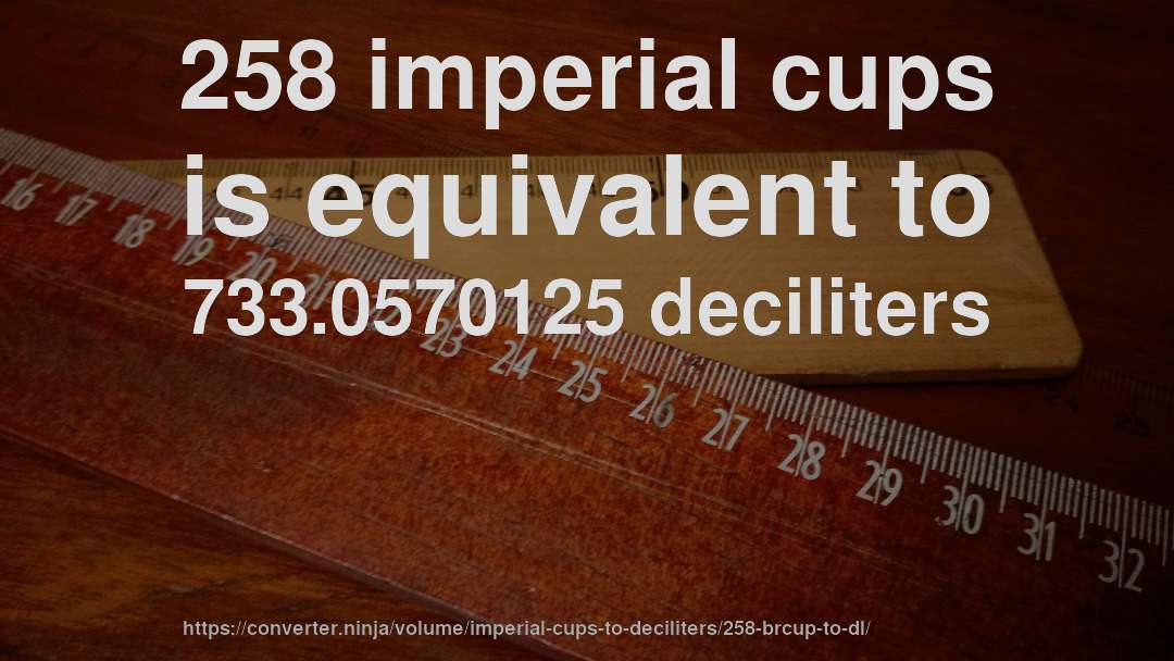 258 imperial cups is equivalent to 733.0570125 deciliters