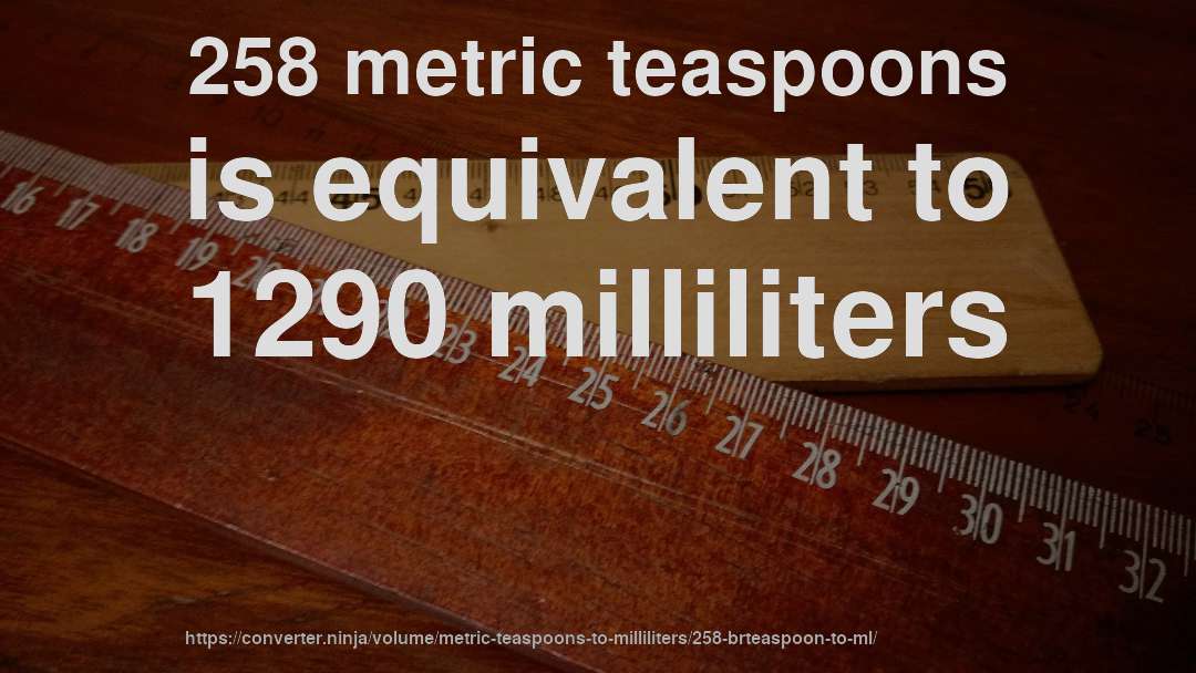 258 metric teaspoons is equivalent to 1290 milliliters