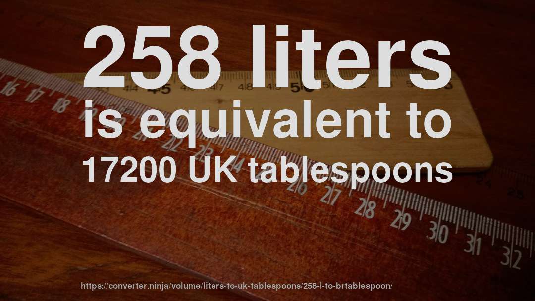 258 liters is equivalent to 17200 UK tablespoons