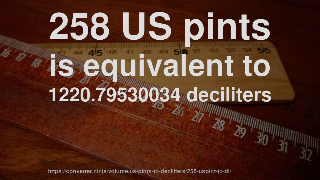 258 US pints is equivalent to 1220.79530034 deciliters