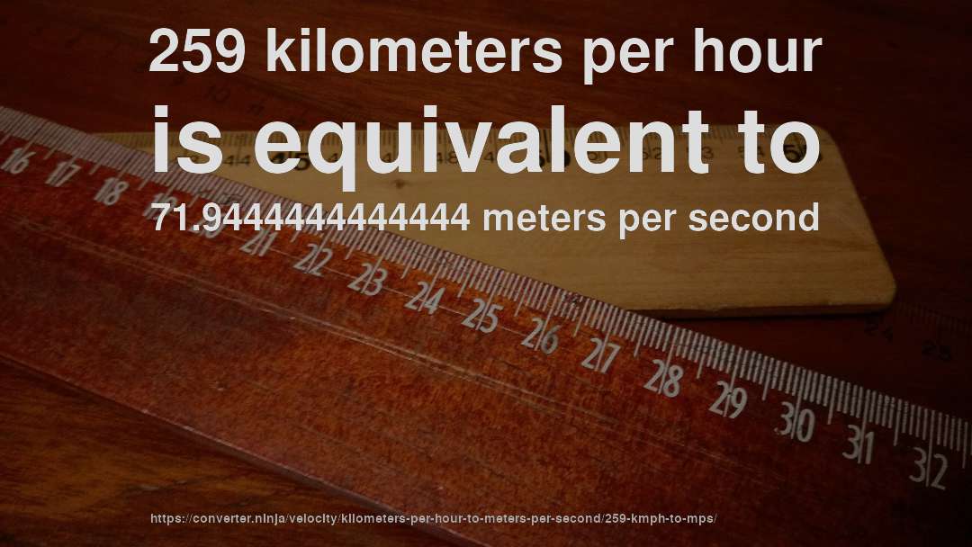 259 kilometers per hour is equivalent to 71.9444444444444 meters per second