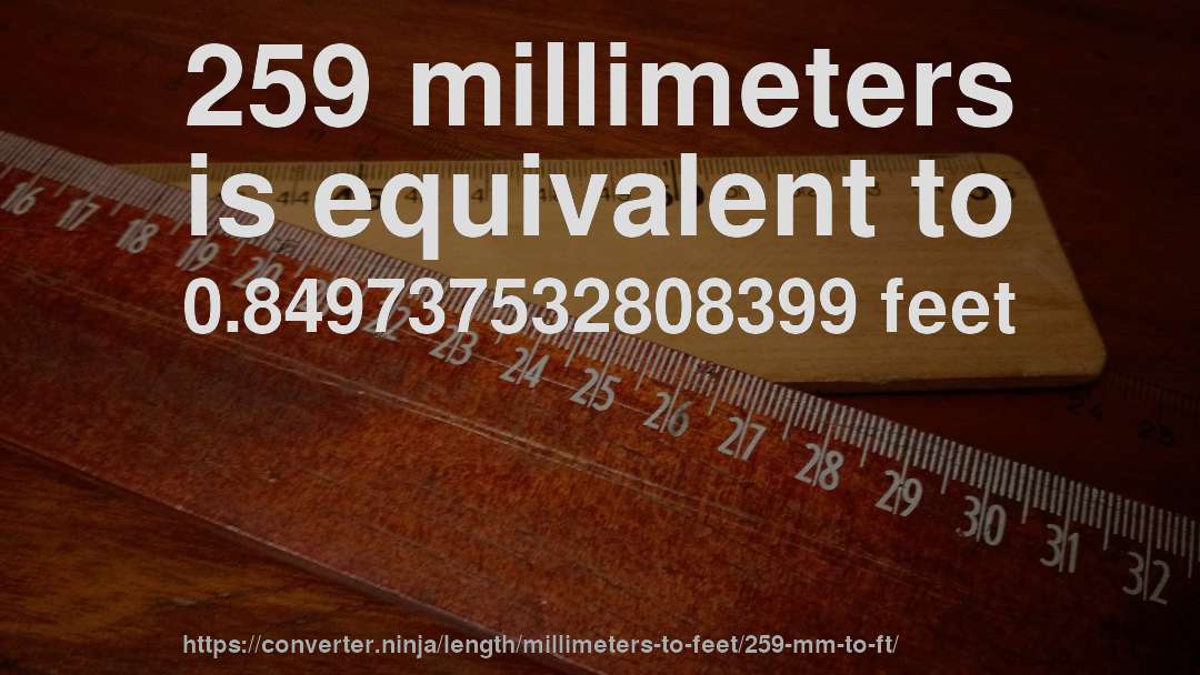 259 millimeters is equivalent to 0.849737532808399 feet