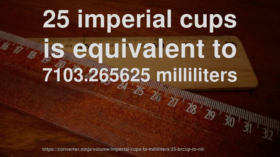 25 imperial cups is equivalent to 7103.265625 milliliters