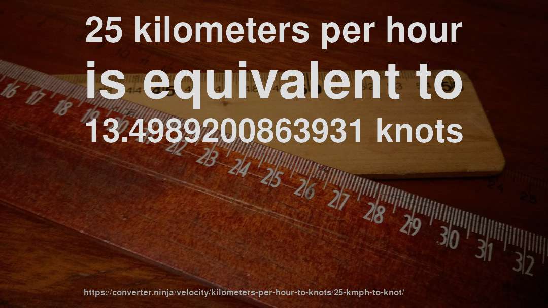 25 kilometers per hour is equivalent to 13.4989200863931 knots