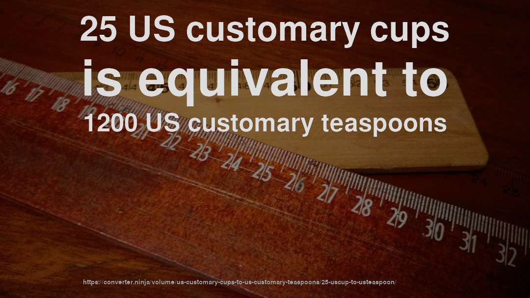 25 US customary cups is equivalent to 1200 US customary teaspoons
