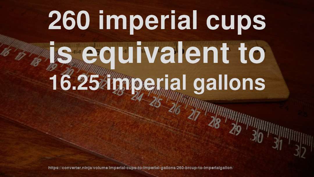 260 imperial cups is equivalent to 16.25 imperial gallons