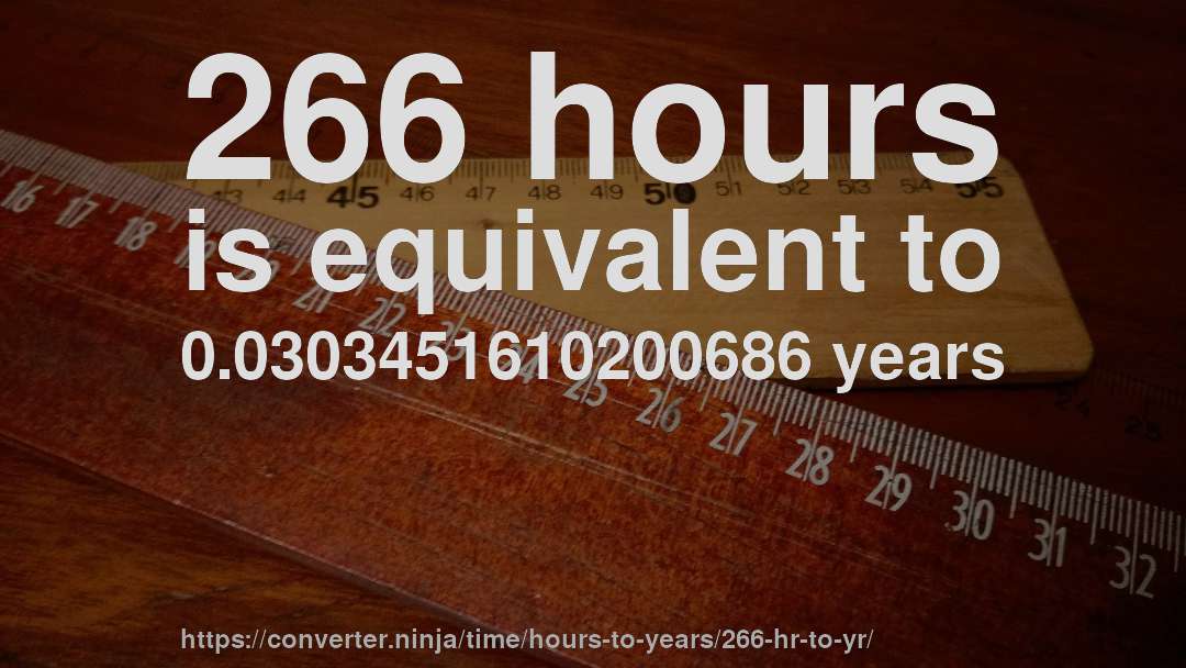 266 hours is equivalent to 0.0303451610200686 years