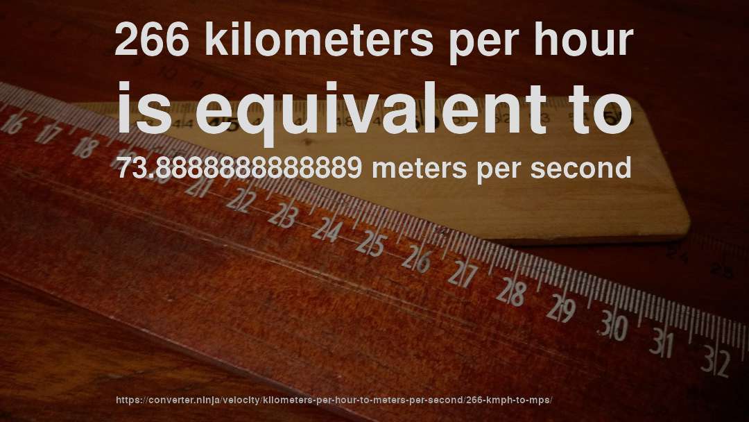 266 kilometers per hour is equivalent to 73.8888888888889 meters per second