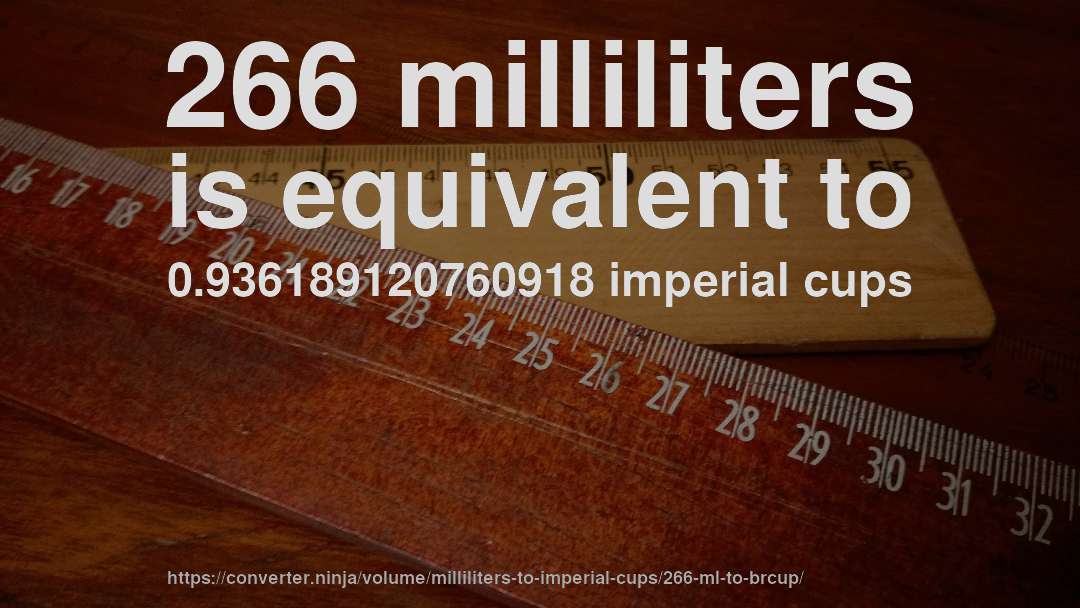 266 milliliters is equivalent to 0.936189120760918 imperial cups