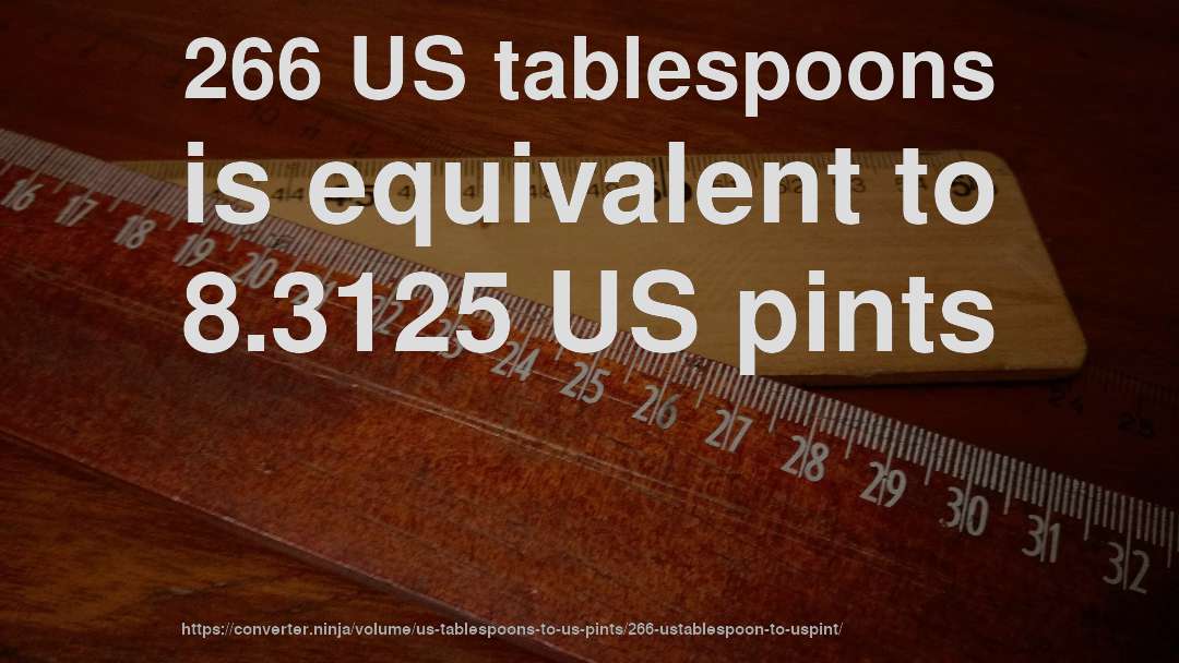 266 US tablespoons is equivalent to 8.3125 US pints