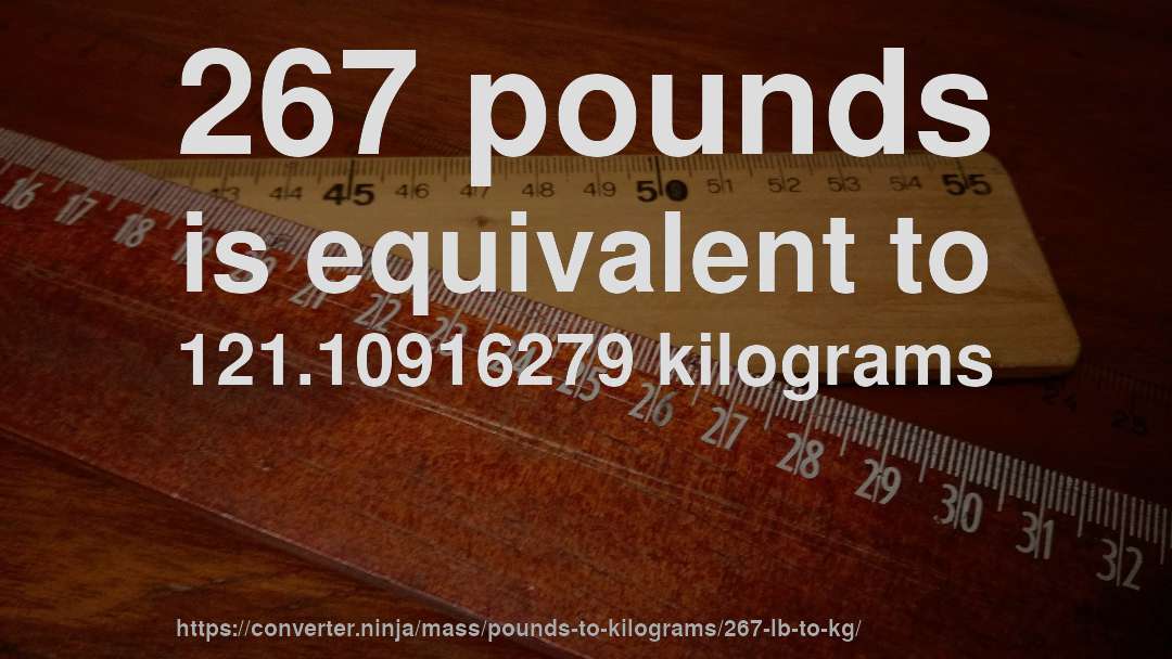 267 pounds is equivalent to 121.10916279 kilograms
