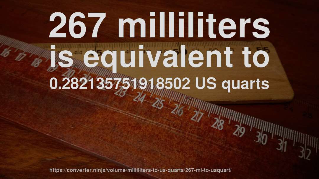 267 milliliters is equivalent to 0.282135751918502 US quarts