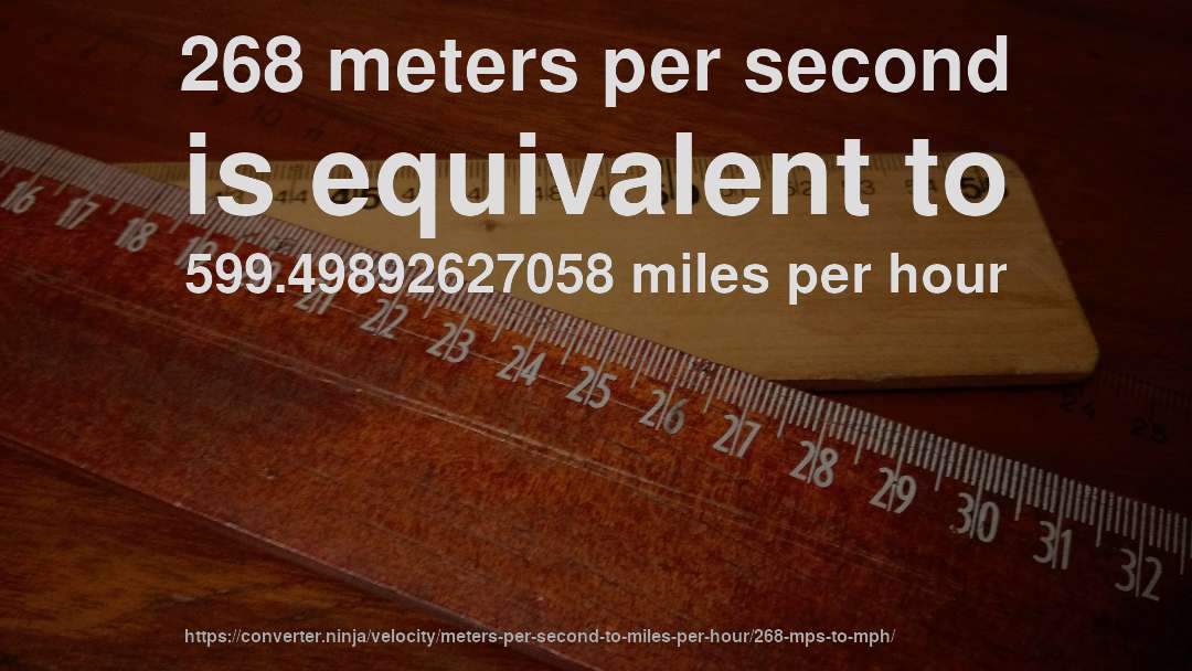 268 meters per second is equivalent to 599.49892627058 miles per hour
