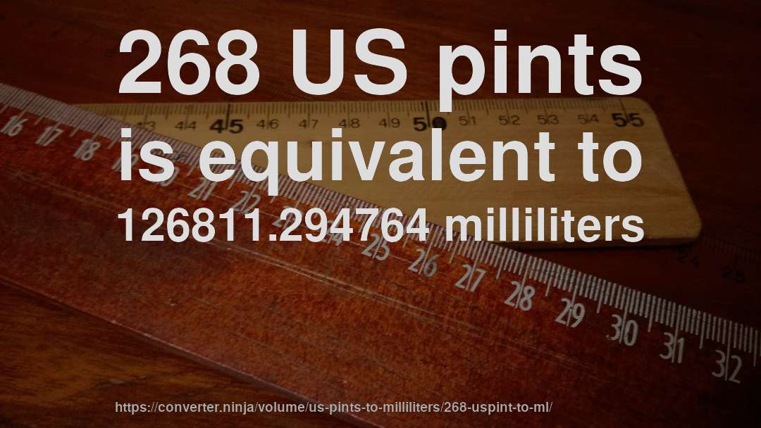 268 US pints is equivalent to 126811.294764 milliliters