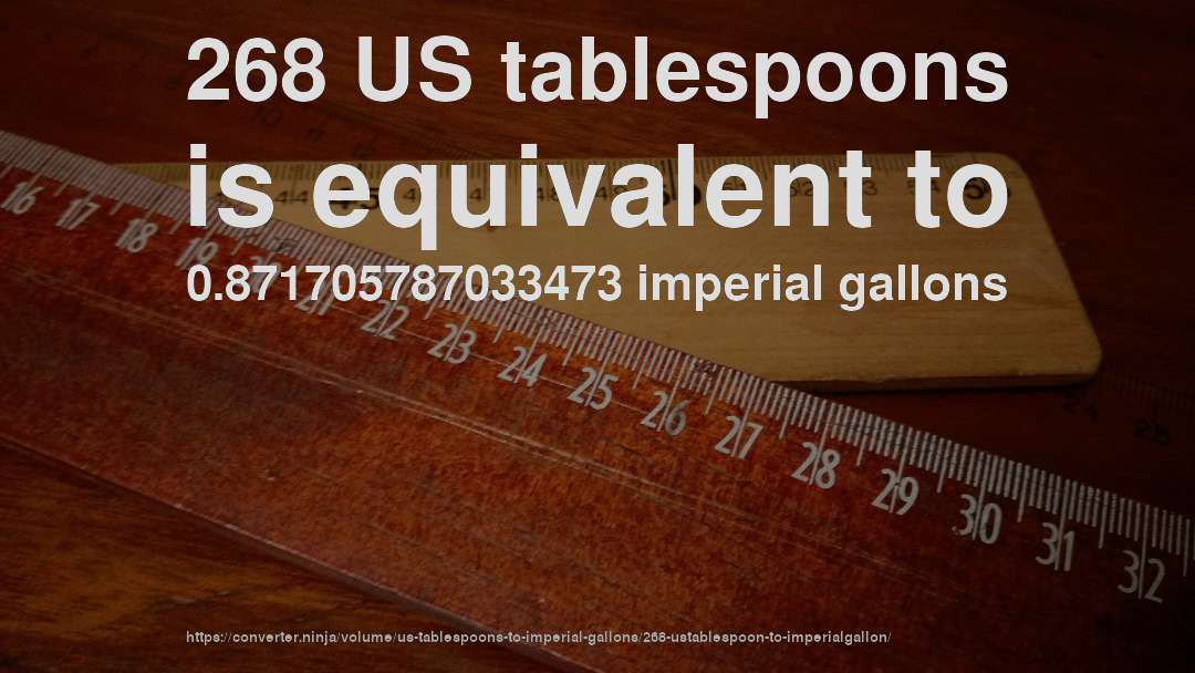 268 US tablespoons is equivalent to 0.871705787033473 imperial gallons