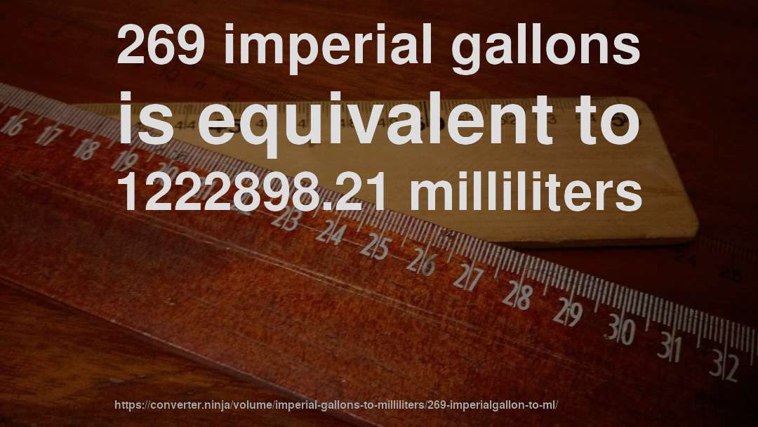 269 imperial gallons is equivalent to 1222898.21 milliliters