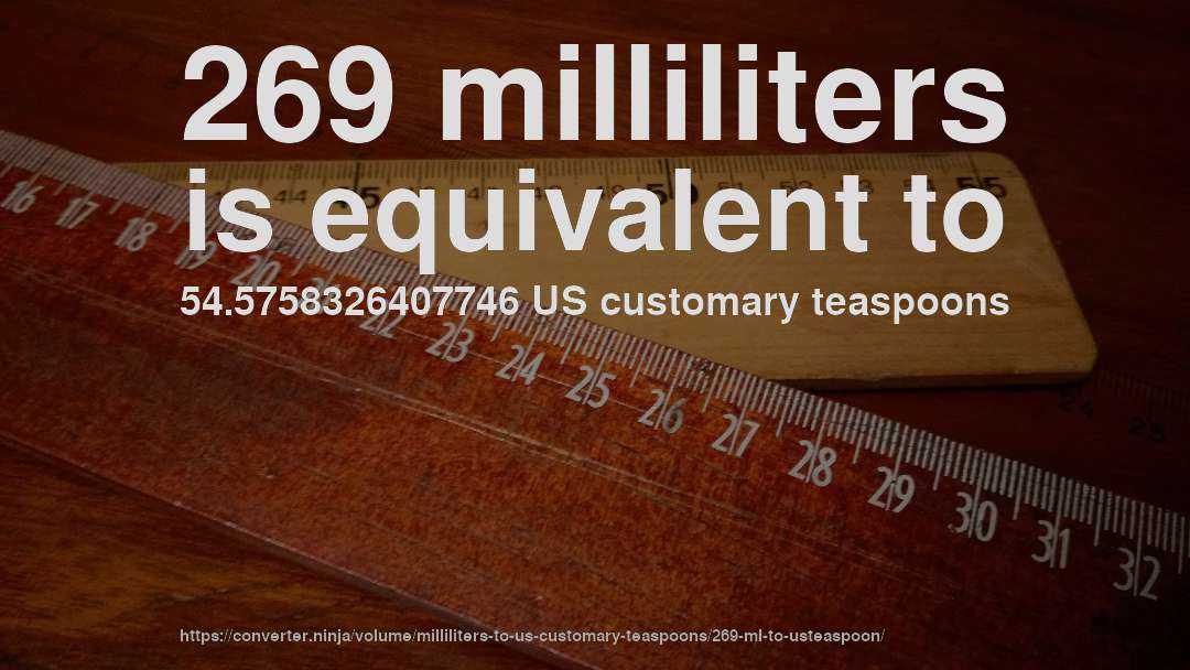 269 milliliters is equivalent to 54.5758326407746 US customary teaspoons
