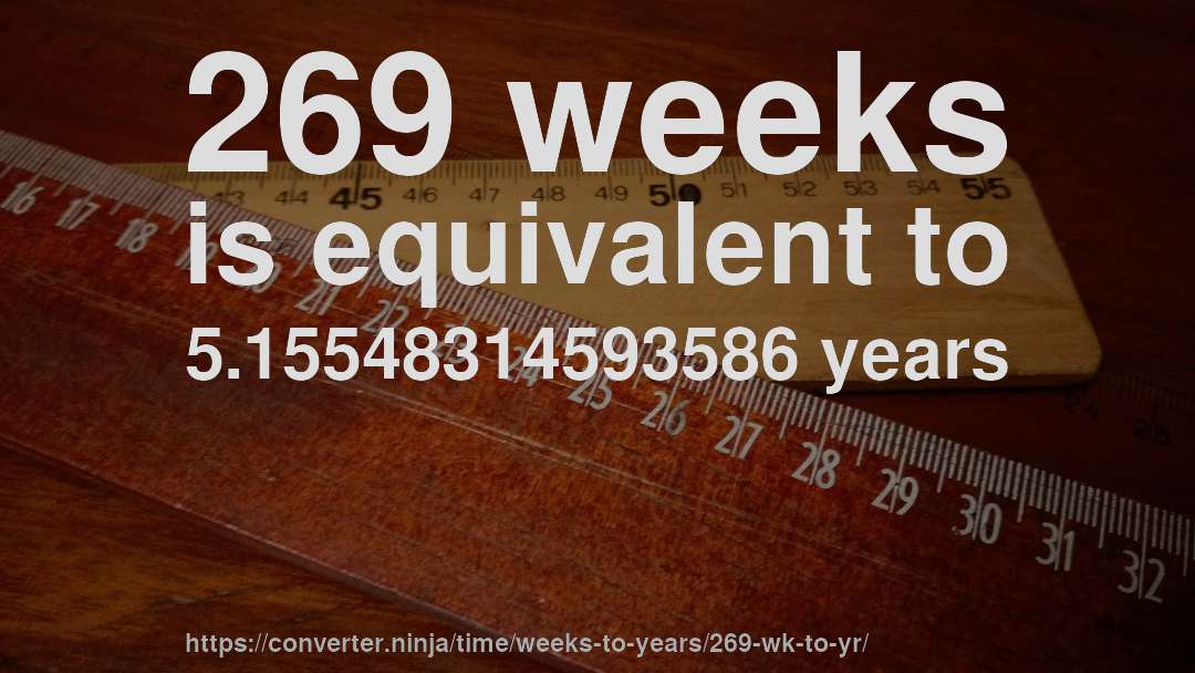 269 weeks is equivalent to 5.15548314593586 years
