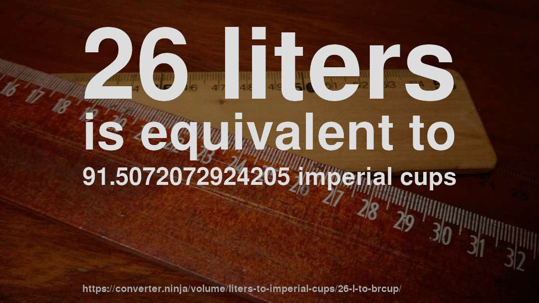 26 liters is equivalent to 91.5072072924205 imperial cups