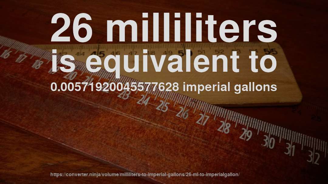 26 milliliters is equivalent to 0.00571920045577628 imperial gallons