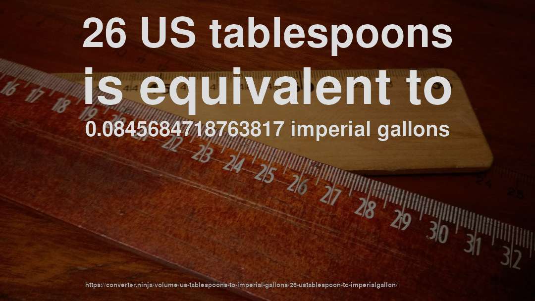 26 US tablespoons is equivalent to 0.0845684718763817 imperial gallons