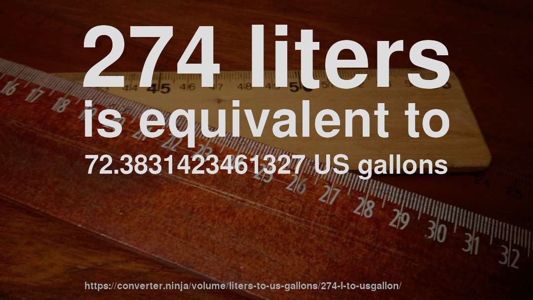 274 liters is equivalent to 72.3831423461327 US gallons