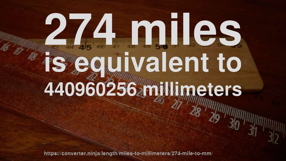 274 miles is equivalent to 440960256 millimeters