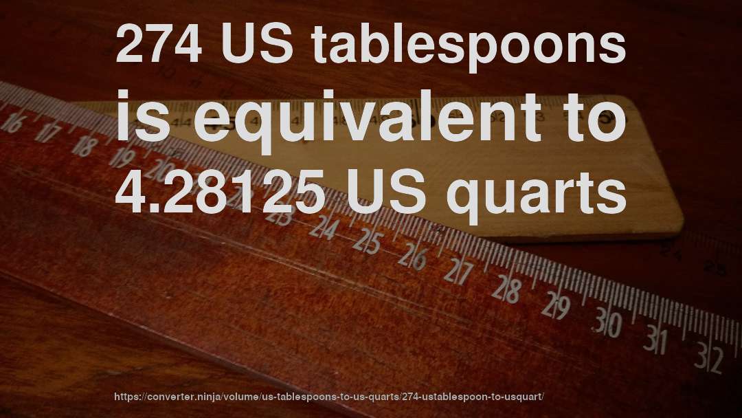274 US tablespoons is equivalent to 4.28125 US quarts