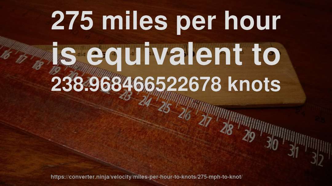 275 miles per hour is equivalent to 238.968466522678 knots