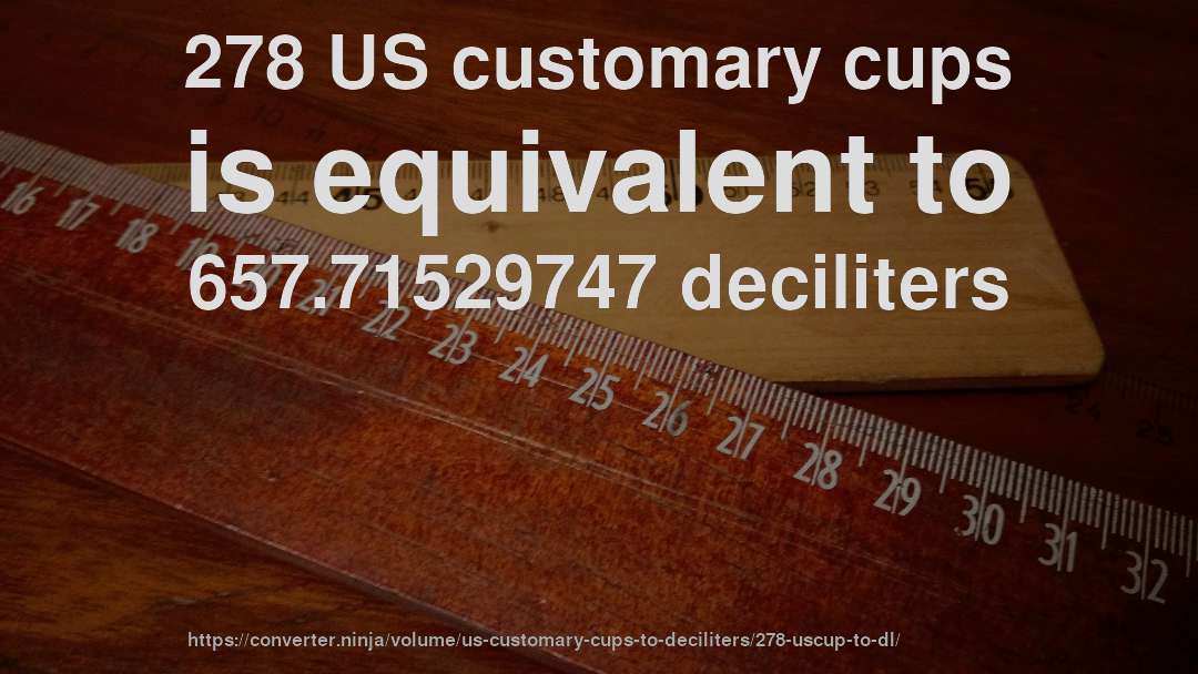 278 US customary cups is equivalent to 657.71529747 deciliters