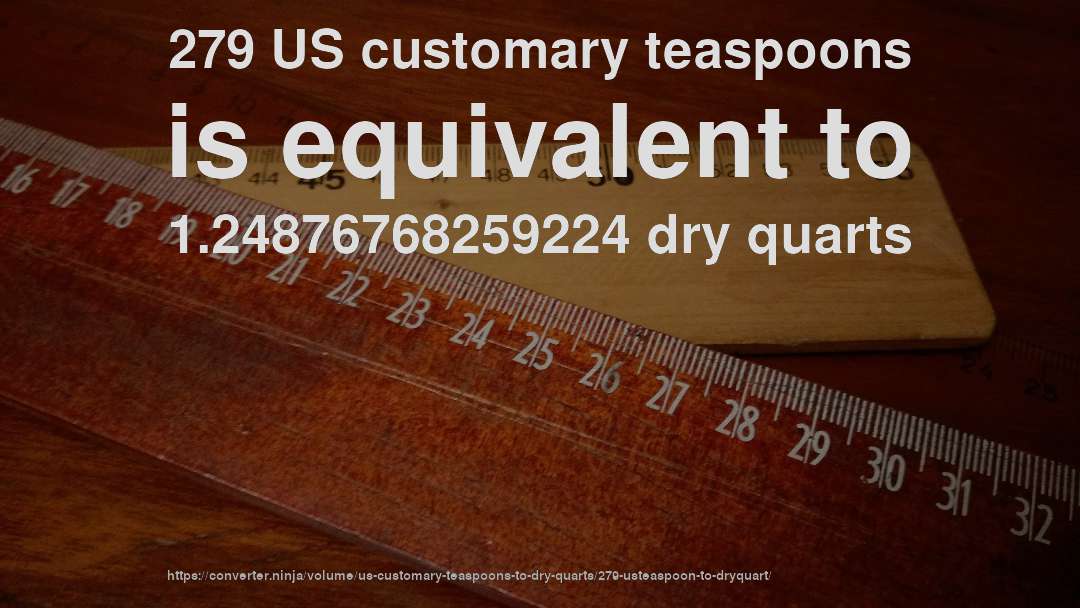 279 US customary teaspoons is equivalent to 1.24876768259224 dry quarts